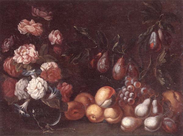 Still life of Roses and convulvuli in a Glass vase,Together with peaches,grapes,pears and plums